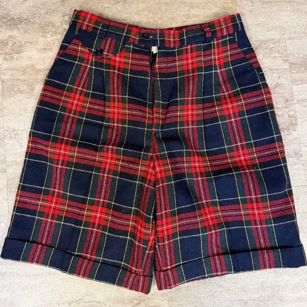 G.J. Forbes Vintage Plaid High Waisted Shorts Red Navy Blue Pleated Made in USA